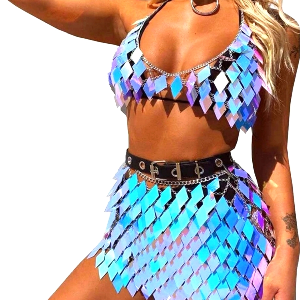 Boho Sequins Tassels Body Chain Gold Bra Skirts Set Sexy Bikini Rave